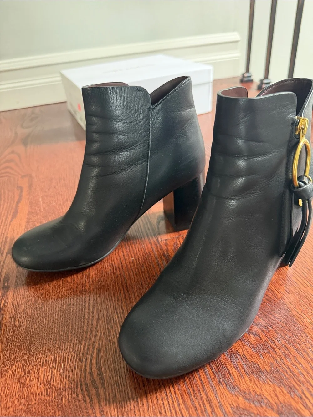 See By Chloé Black Leather Ankle Booties with Gold Ring Charm